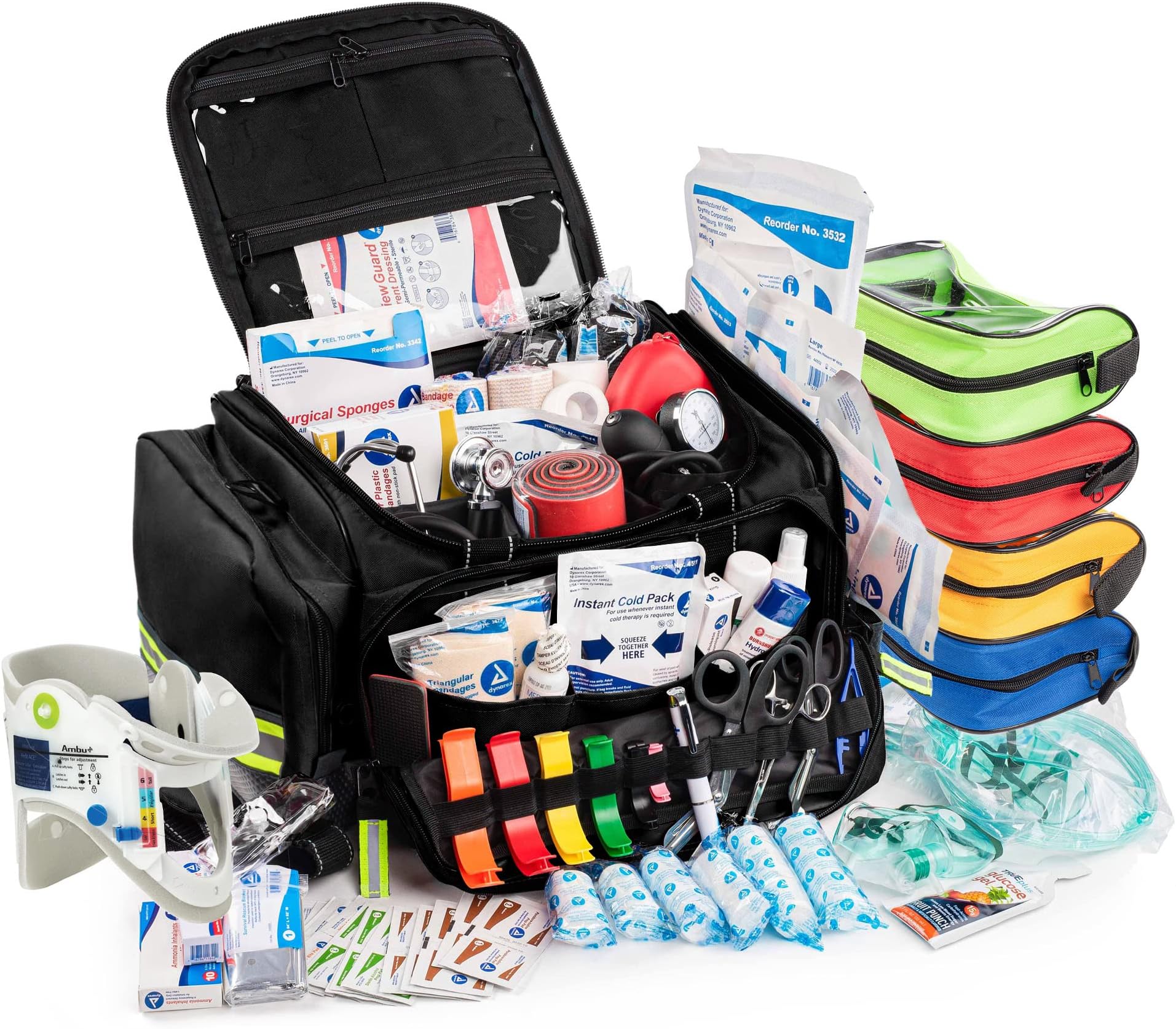 Scherber Fully-Stocked First Responder Professional Advanced EMT/EMS Trauma Kit | HSA/FSA Approved | Reflective Bag w/10+ Compartments, Zippered Pockets & 250+ First Aid Supplies (Black)