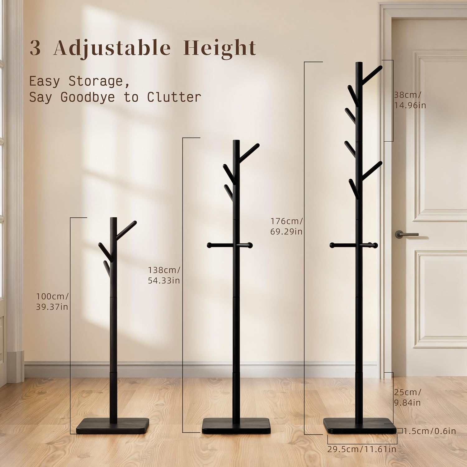 Nianerfaya Solid Wood Coat Rack, Free Standing Hall Coat Tree, Black image 4