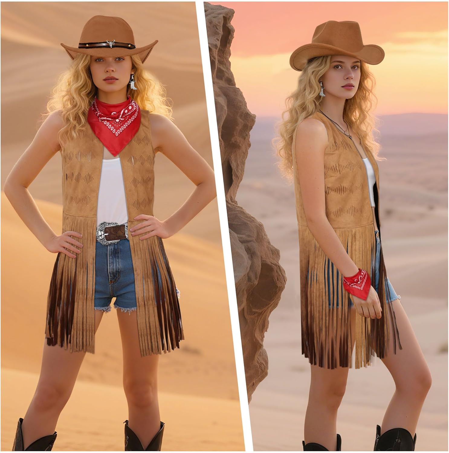 Western Outfits for Women Cowgirl Costume Women Fringe Vest Sleeveless with Cowboy Hat Earring Bandana Belts Accessories - Image 2