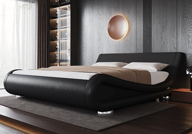 Allewie King Size Upholstered Platform Bed Frame with Ergonomic Adjustable Headboard Low Profile Sleigh Design for Elegant Bedroom