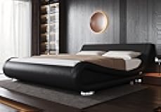Queen Size Bed Frame with Ergonomic & Adjustable Headboard, Low Profile Modern Upholstered Platform Sleigh Design - Easy Assembly, No Box Spring Required, Black