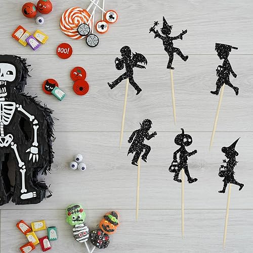 Miniatura 3 de 24 adornos para cupcakes de Halloween, con purpurina negra, para Halloween, para Halloween, baby shower, niños, niñas, fiesta de cumpleaños,