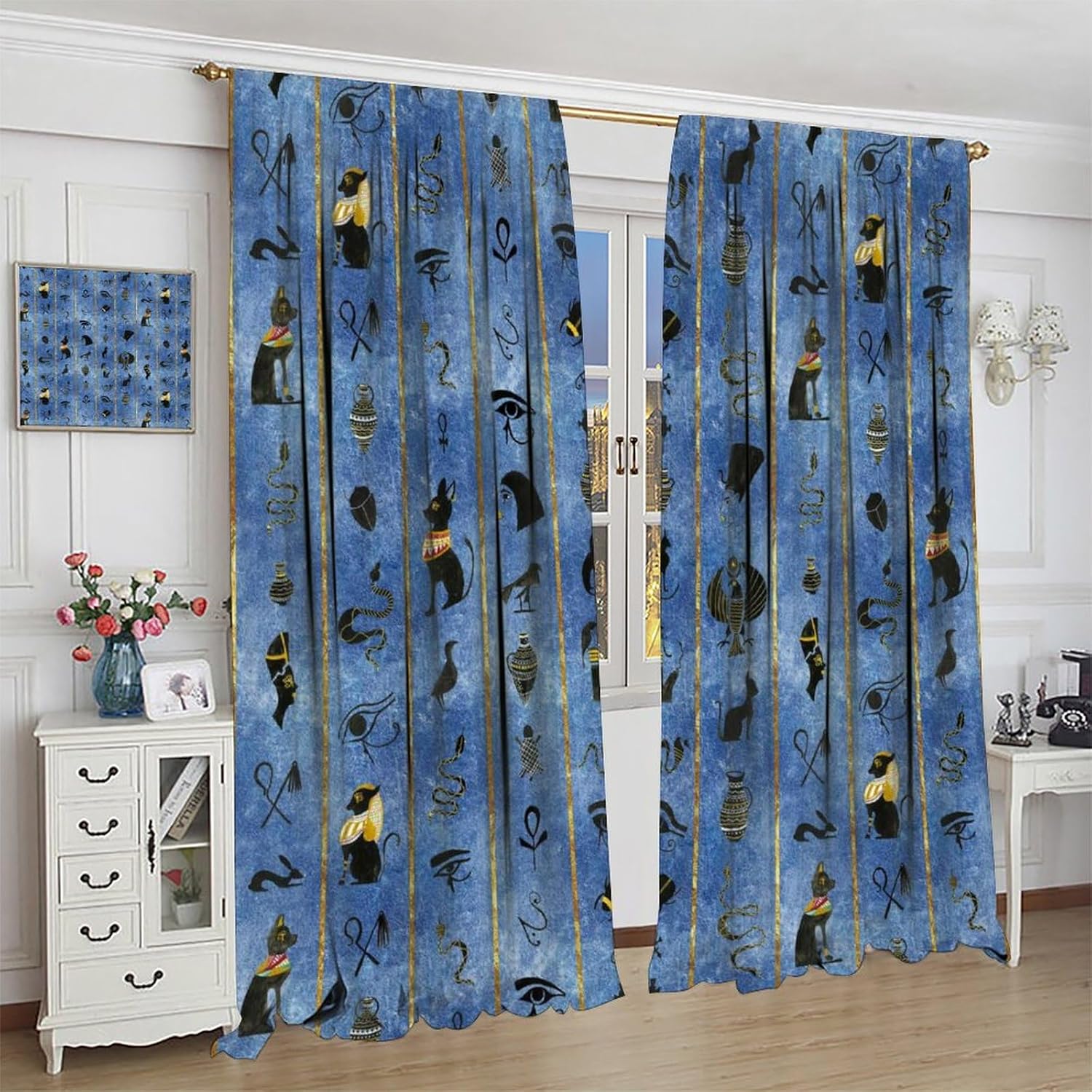 Egypt Curtains, Blue Abstract Watercolor Egyptian Symbols Black Cat Print Blackout Window Treatments, Rod Pocket Thermal Insulated Drapes 2 Panel Sets for Bedroom Living Room Kitchen, 42"W X 54"L