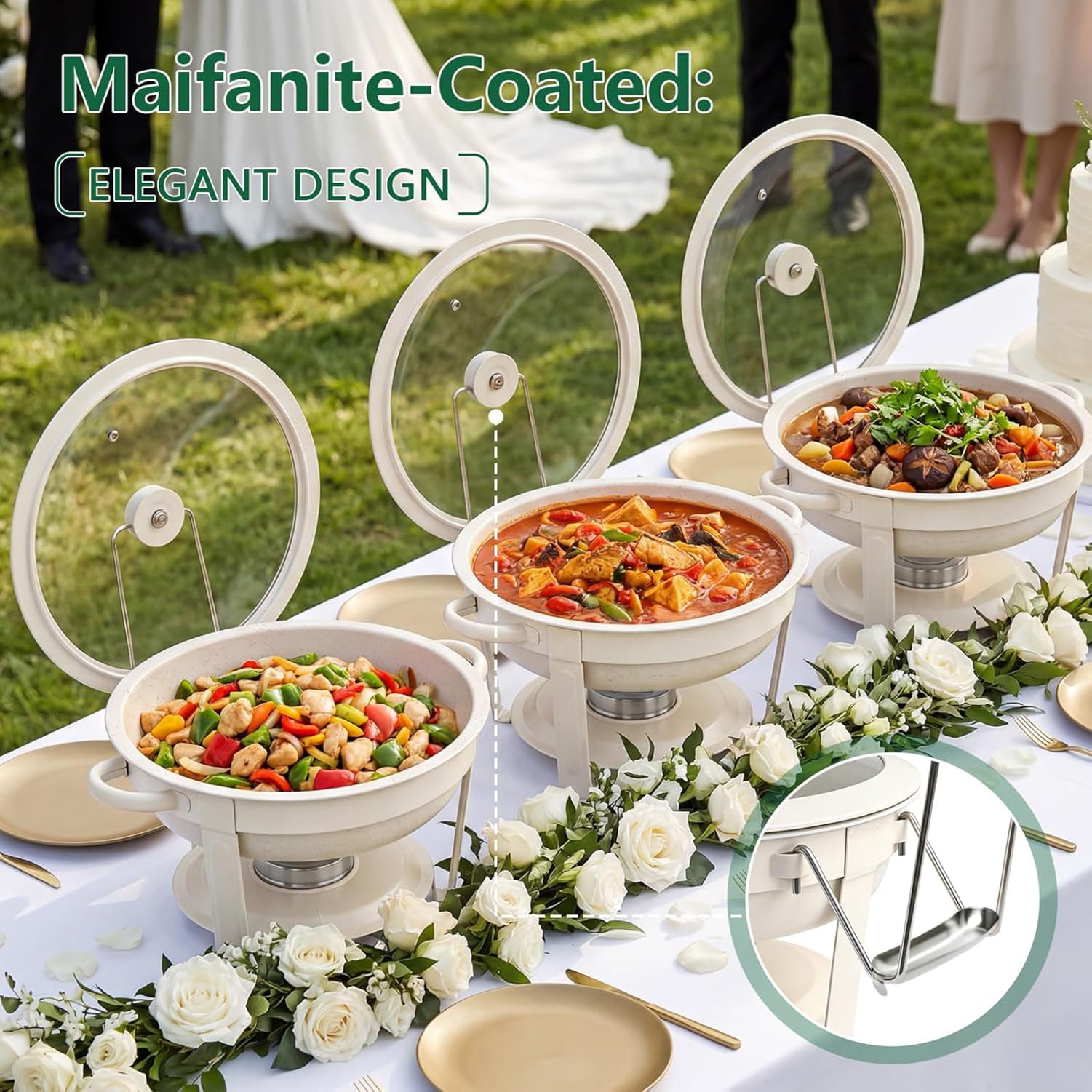 Chafing Dish 5L Scaldavivande Buffet con Coperchio in Vetro Set 2 | Rechaud con Supporto per Combustibile, Rivestimento Antiaderente Maifanite, Ideale per Matrimonio, Catering, Feste