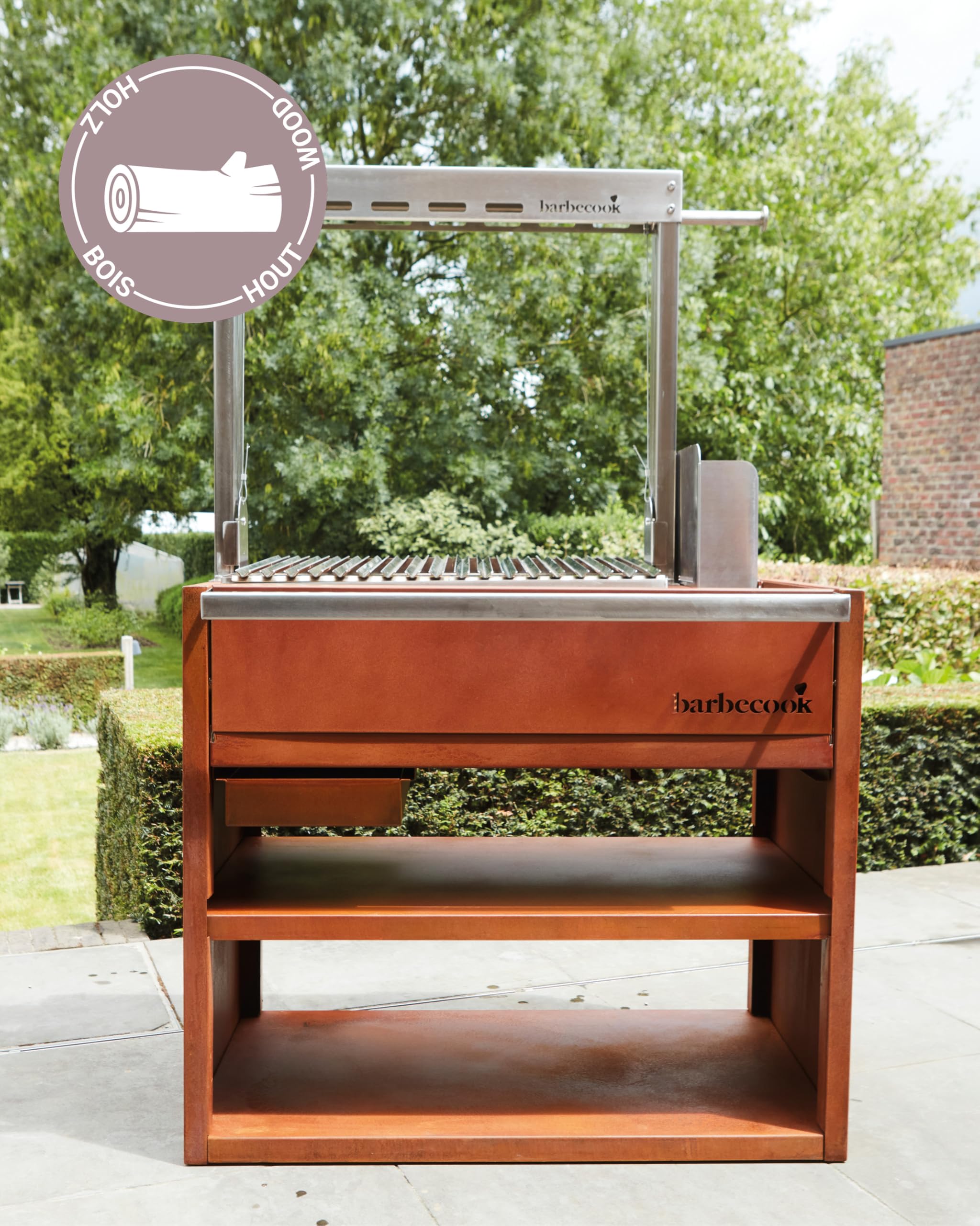 Barbecook barbecue bois Pedro en acier corten et inox, barbecue à bois robuste pour cuisiner en plein air, 98×55×154.5cm