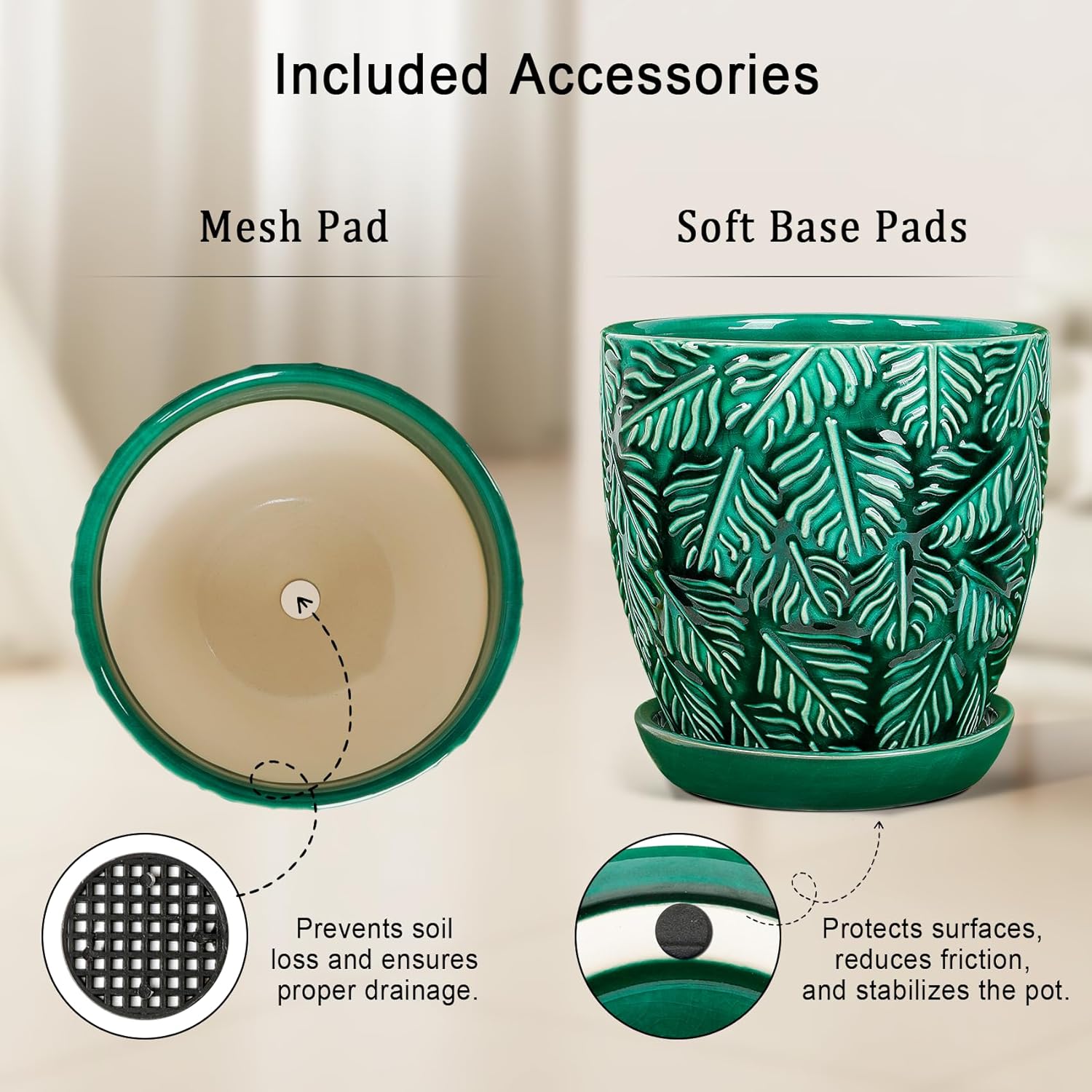 Ceramic Plant Pots, 6 Inch Indoor Plant pots with Drainage Hole and Saucer, Flower Pots, Leaf Embossed - Green Glaze, Set of 2