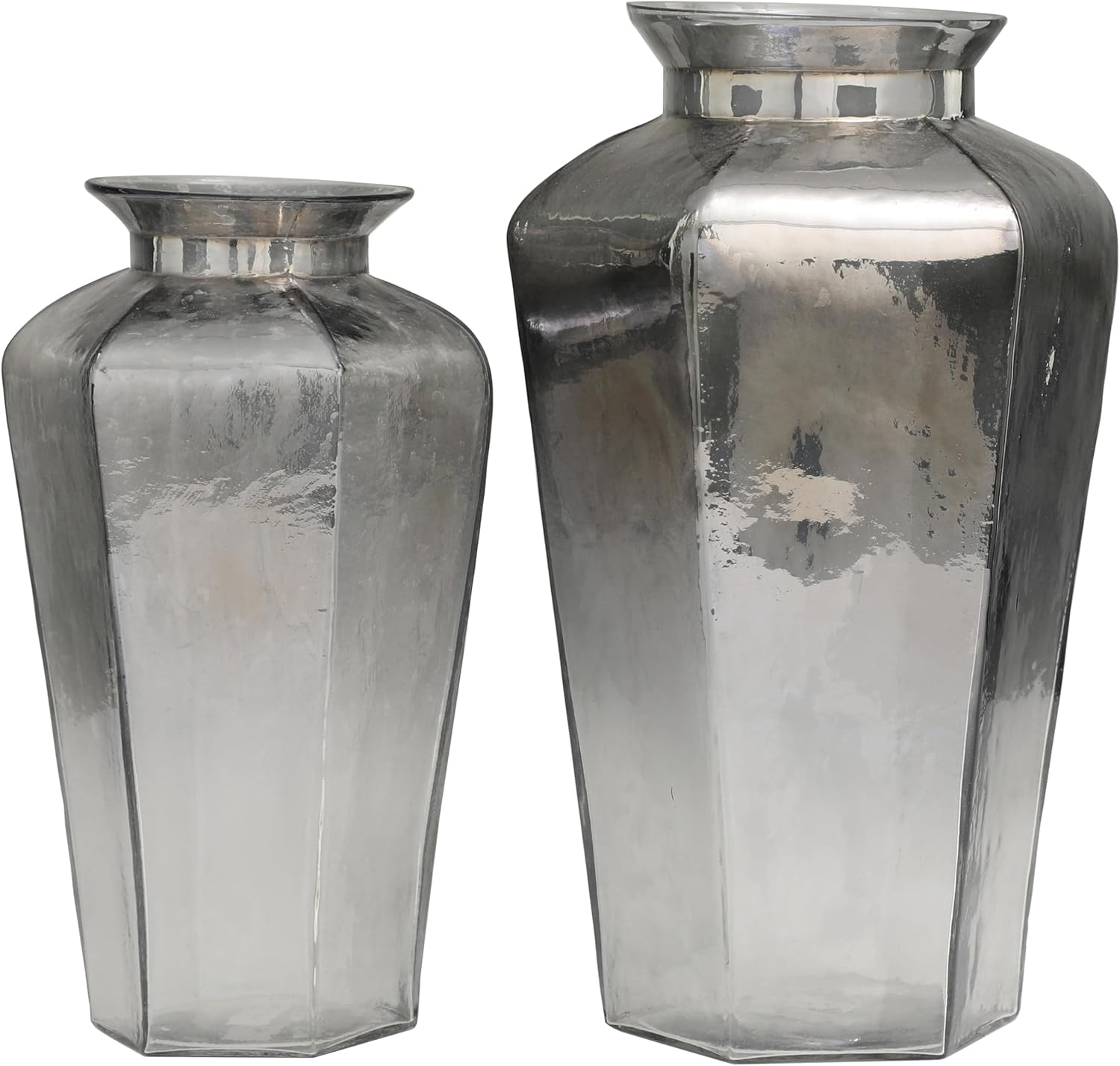 Deco 79 Glass Geometric Decorative Vase Hexagon Centerpiece Vases, Set of 2 Flower Vases for Home Decoration 13", 11" H, Gray