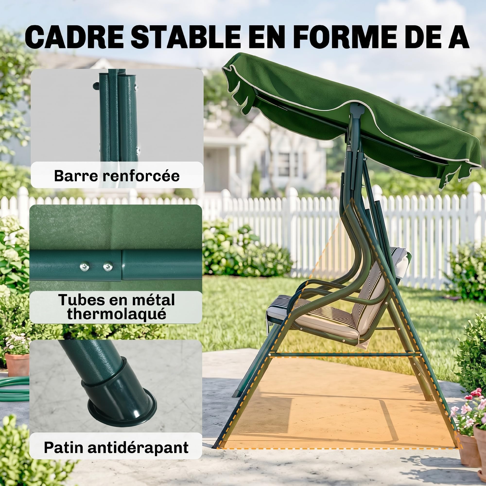 Outsunny Dondolo da Giardino 3 Posti con Tettuccio Parasole Regolabile Rimovibile, Dondolo da Esterno con Cuscino Morbido in Poliestere, Portata 240 kg, 170x110x153 cm, Verde e Bianco