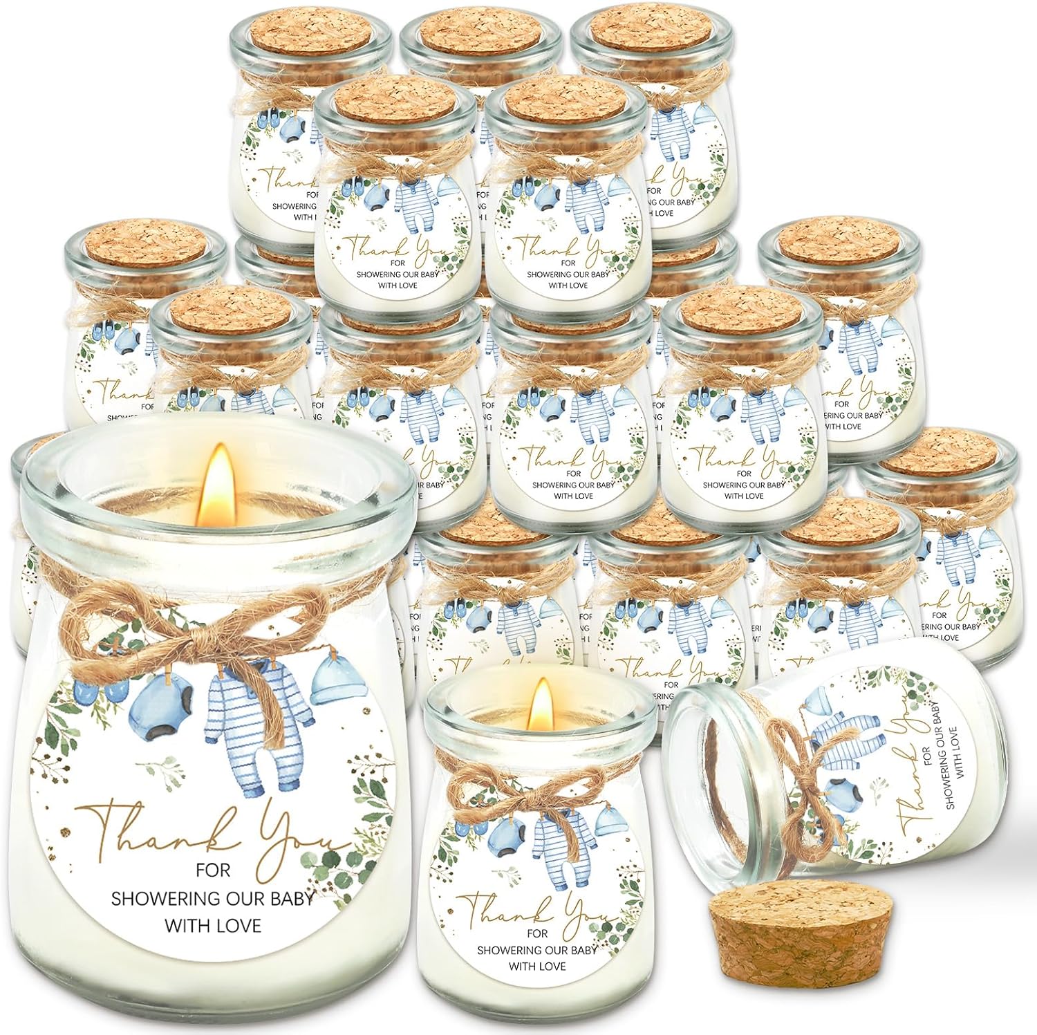 Whaline 20Pcs Baby Shower Candle Favors Glass Mason Jar Wax Candle Blue Clothes Jar Candles for Baby Shower Gender Reveal Party Favors