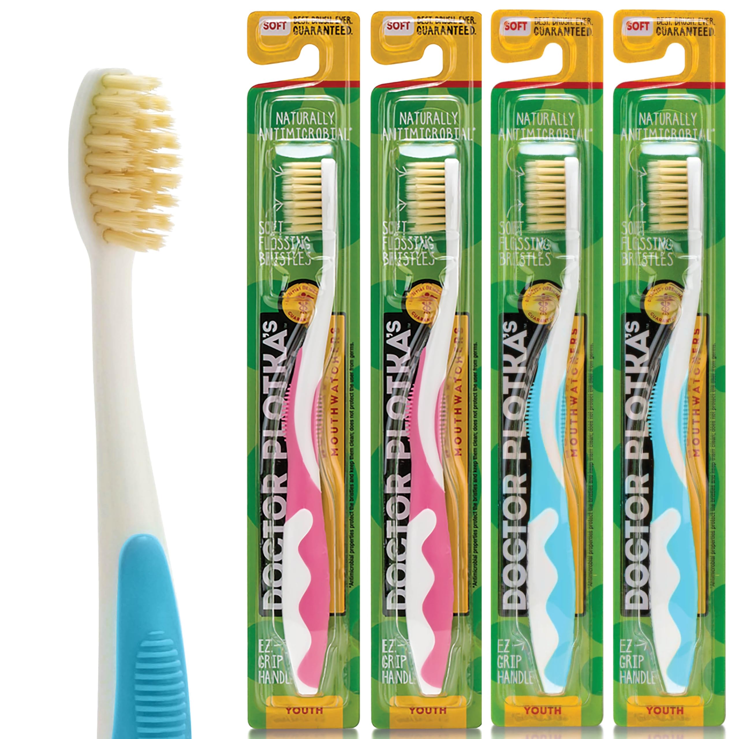 MOUTHWATCHERSSoft Childrens Flossing Manual Toothbrush, Value Pack of 4, Pink and Blue, Toothbrushes for Kids & Teens, Ultra Clean, by Dr. Plotka's