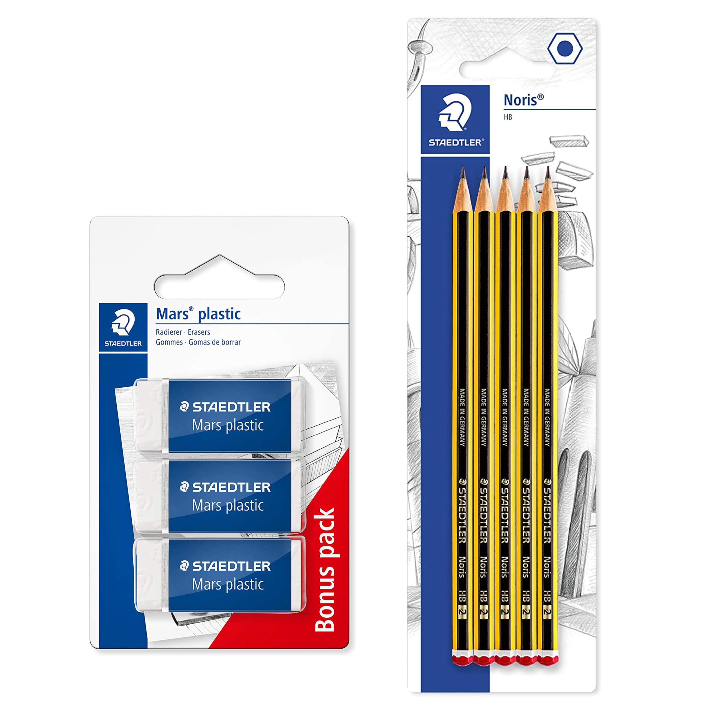 Staedtler 5 Noris pencils and 3 erasers Mars plastic, phthalate and latex free, low crumbing, white, low wear