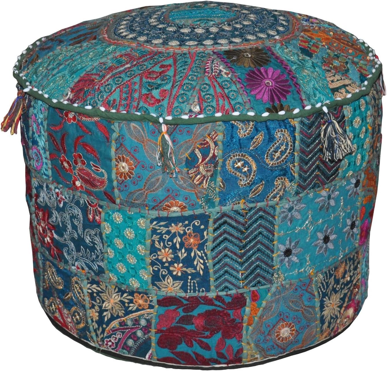 Bohemian Vintage Embroidered Pouf Ottoman Footstool Cover Indian Round Ottoman Stool Pouf Pillow, Ethnic Embroidered Pouf Cover, Indian Cotton Round Pouffe Ottoman Pouf Cover Pillow Ethnic Decor Art, 14x22 Inch Foot Stool Floor Cushion, Designs Ethnic Patchwork...14X22 by online big bazar