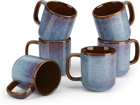 vancasso ONION Stoneware Coffee and Breakfast Cups – 360 ml – Set of 6 Cups with Handles for Tea, Cappuccino, Milk, Oats, Yogurt – Dishwasher and Microwave Resistant – Reactive Glazed Grey Blue