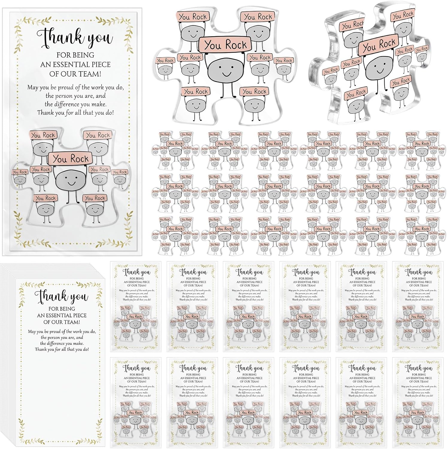 20 Sets Inspirational You Rock Gifts Employee Appreciation Gifts Bulk Acrylic Puzzle Piece Plaque Desk Decor with Thank You Card OPP Bag for Teacher Team Office Staff Coworker