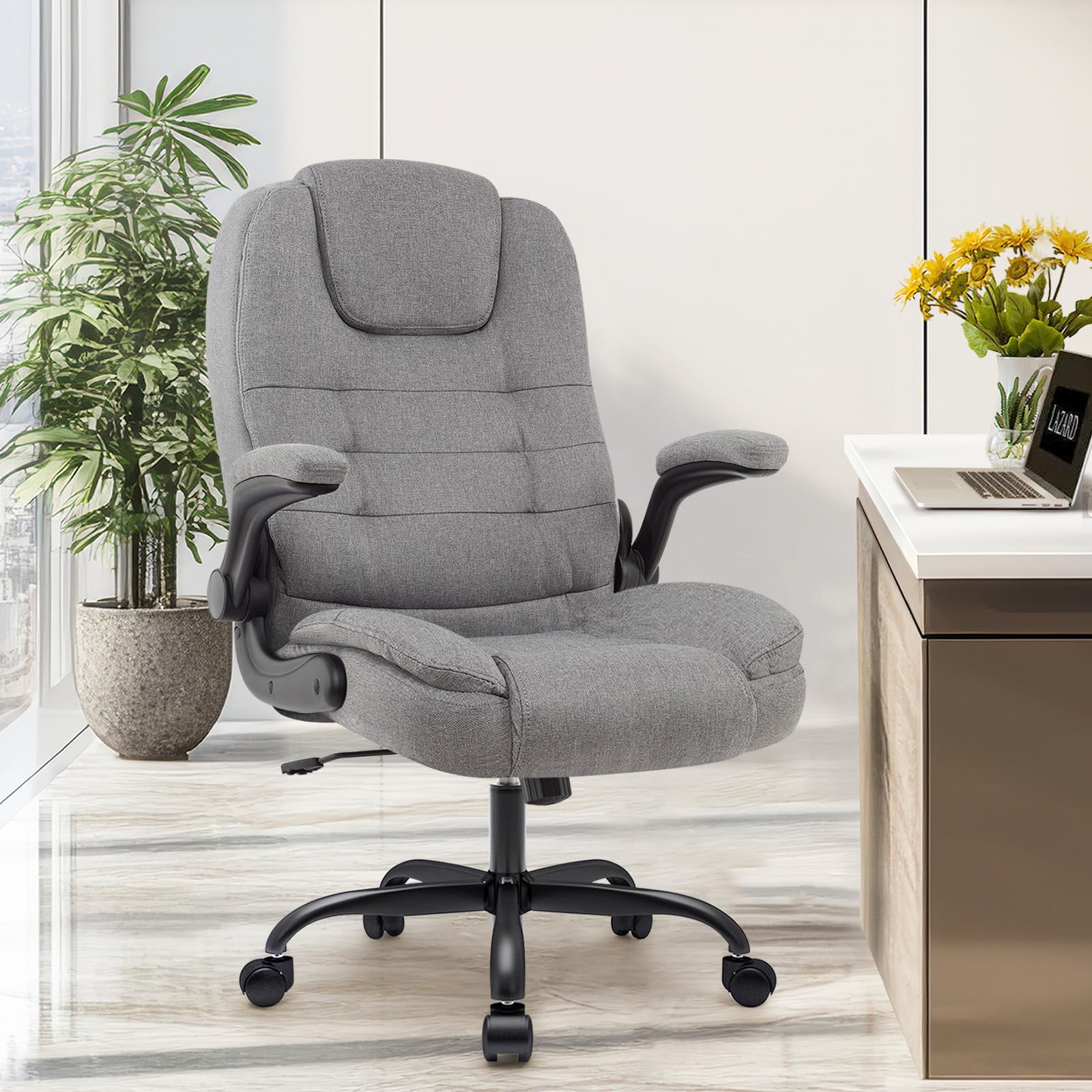 IWMH Ergonomischer Bürostuhl,Schreibtischstuhl mit Hochklappbaren Armlehnen | Chefsessel Stoff Hohe Rückenlehne Höhenverstellbar für Home Office & Büro (Grau)