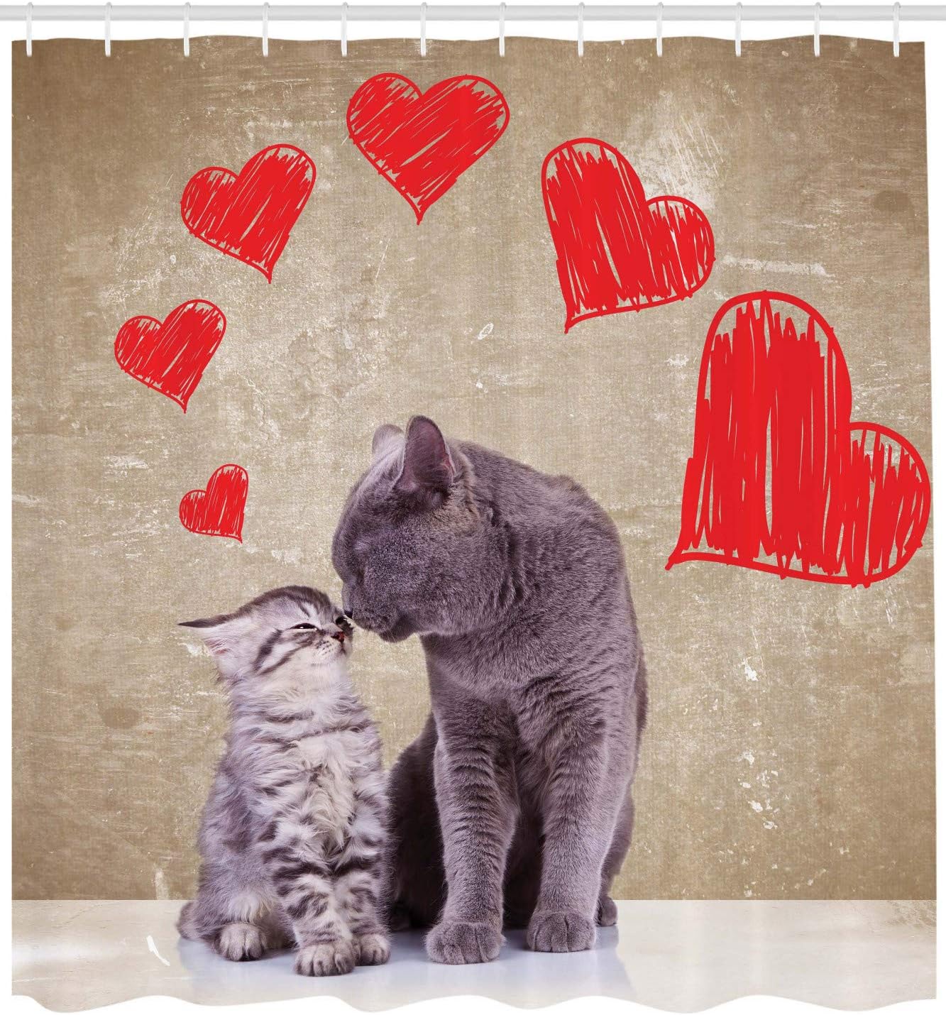 Ambesonne Cat Shower Curtain, Kittens in Love Kissing Surrounded by Sketchy Hearts Romance Valentine Couples Design, Cloth Fabric Bathroom Decor Set with Hooks, 69" W x 70" L, Red Taupe