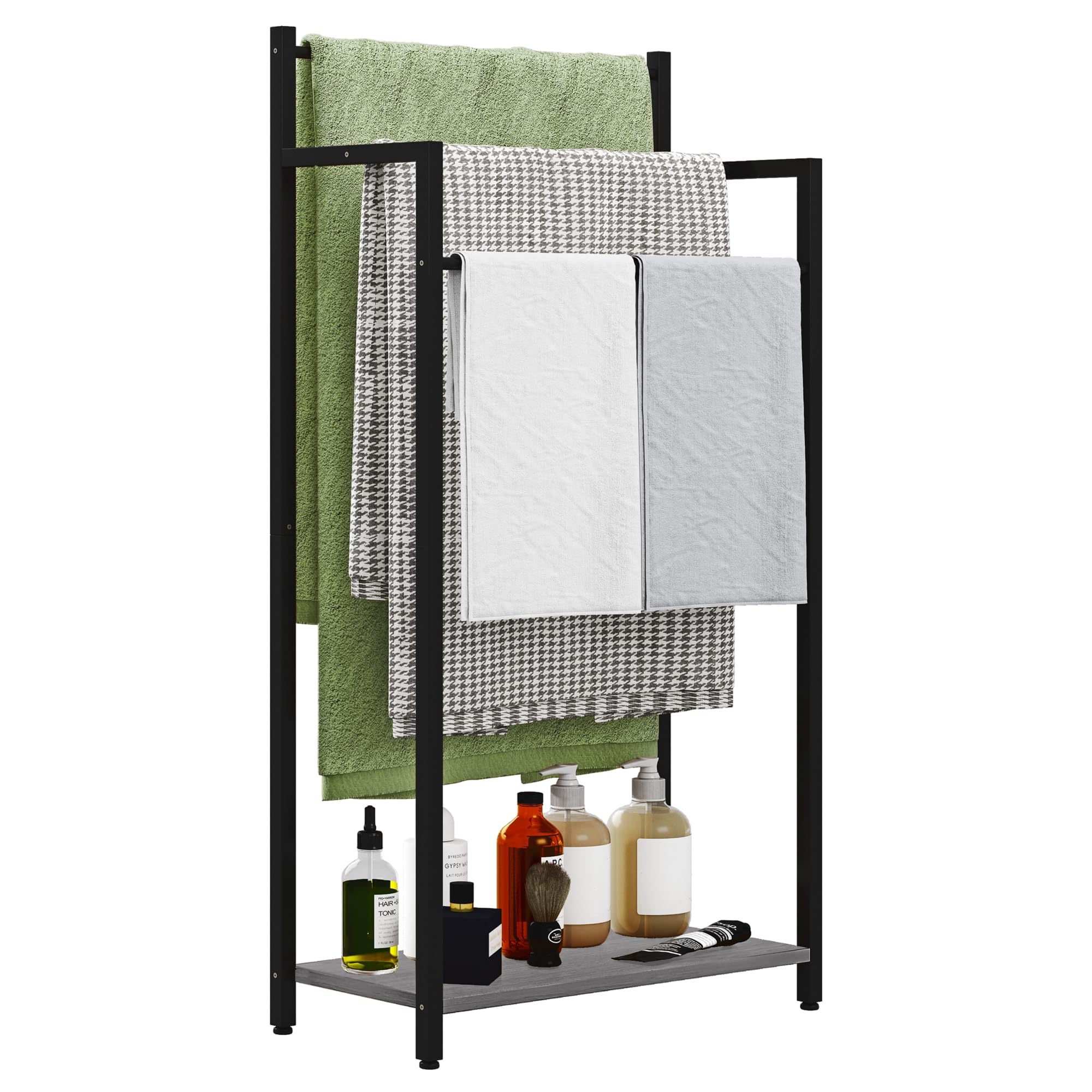 yeavs Freestanding Towel Rack, 3 Tier Blanket Ladder Stand with Oak Grey Wooden Shelf for Bathroom Living Room (31.5”H x 16.9”W x7.9”D)