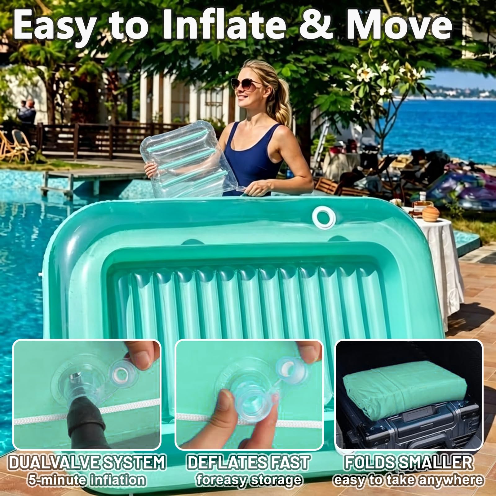 SEDEX Piscina gonfiabile per adulti, materassino ad aria con cuscino e 2 portabicchieri, piscina solare per 1-2 persone, sdraio ad acqua, per giardino, balcone, terrazza, materasso estivo