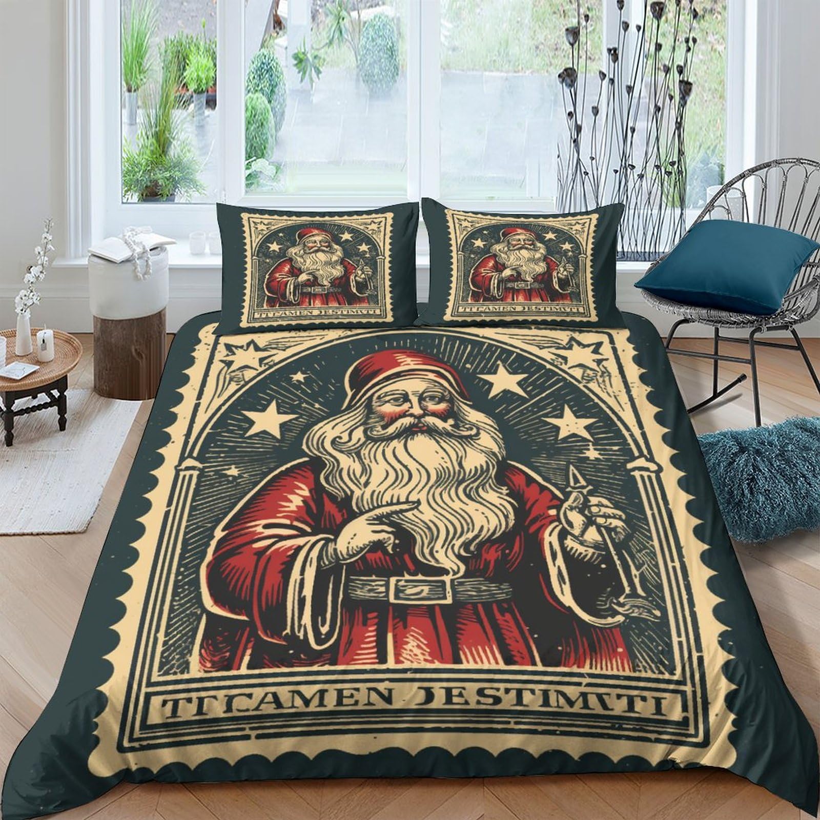 Housse de couette Noël 3D imprimé vintage parure de lit grand format lavable sans décoloration