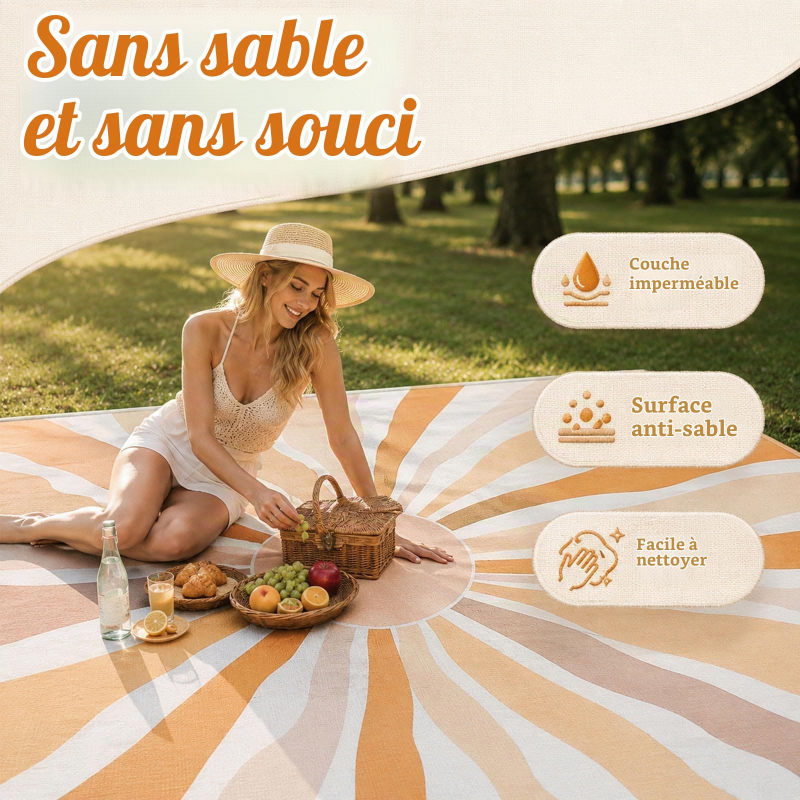 Couverture de plage imperméable et anti-sable – Grande couverture de pique-nique avec piquets de sol et sac de transport – Légère, à séchage rapide et compacte – Tapis de plage pour