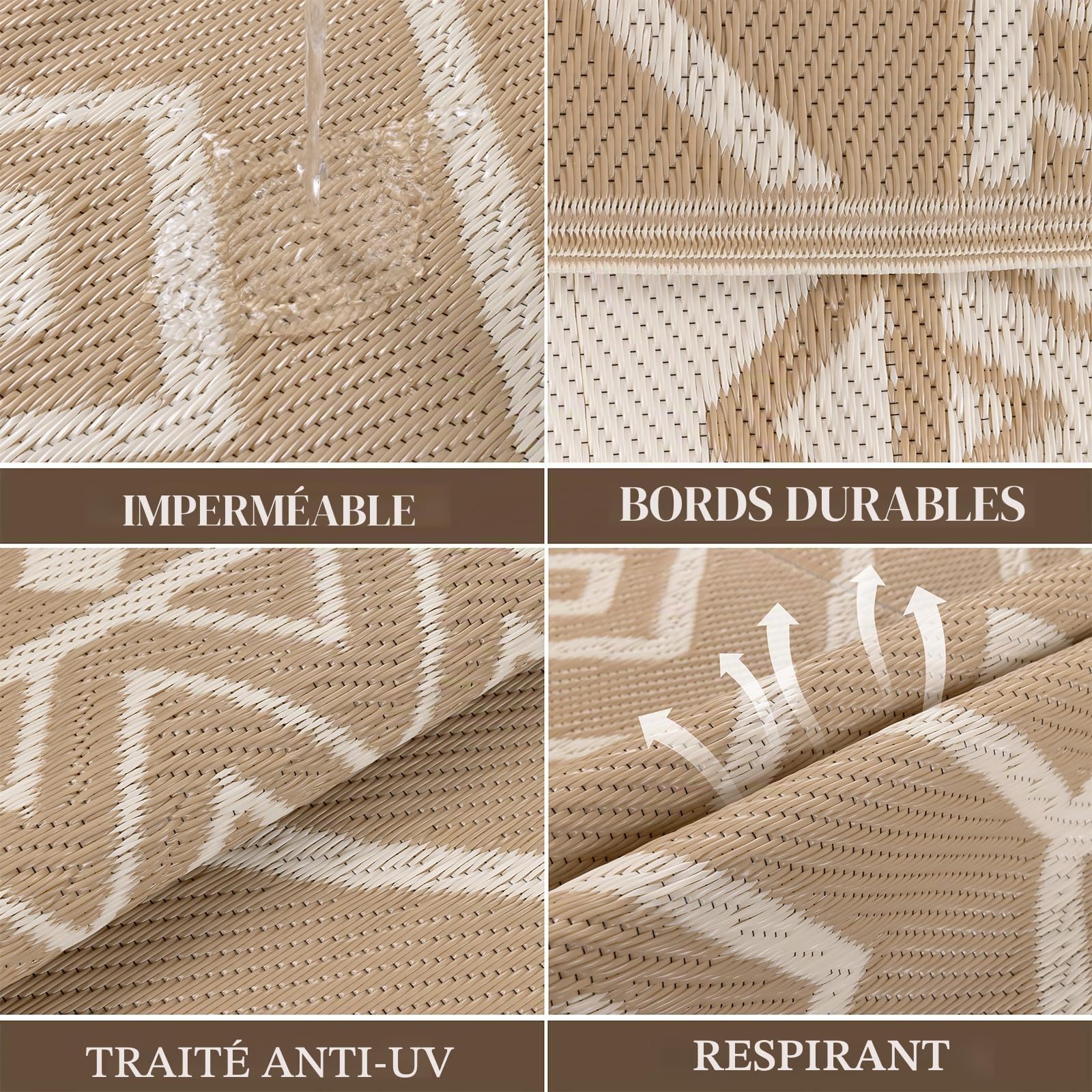 Enyhom Tapis d'extérieur Résistant aux Intempéries 240 x 300 cm, en Plastique Grande Fermeture éclair - Tapis d'extérieur Réversible pour Balcon, Camping, Plage, Jardin d'hiver