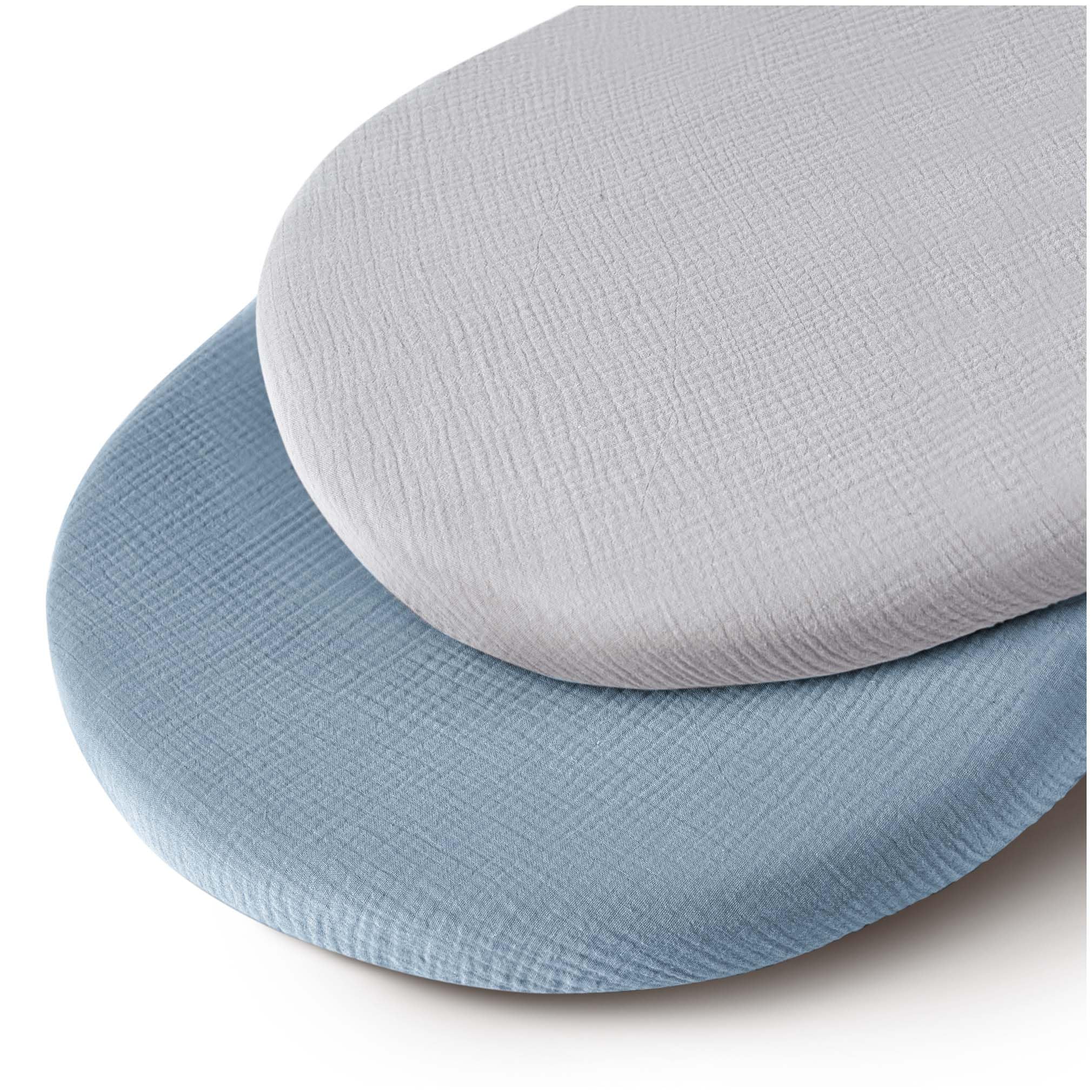 MairMore 2 Pack Muslin Baby Bassinet Sheets for Boys and Girls | Soft &amp; Breathable, 100% Cotton, Full Elastic Fit, for Oval, Rectangle, Hourglass Bassinet Mattress Pads (Blue)