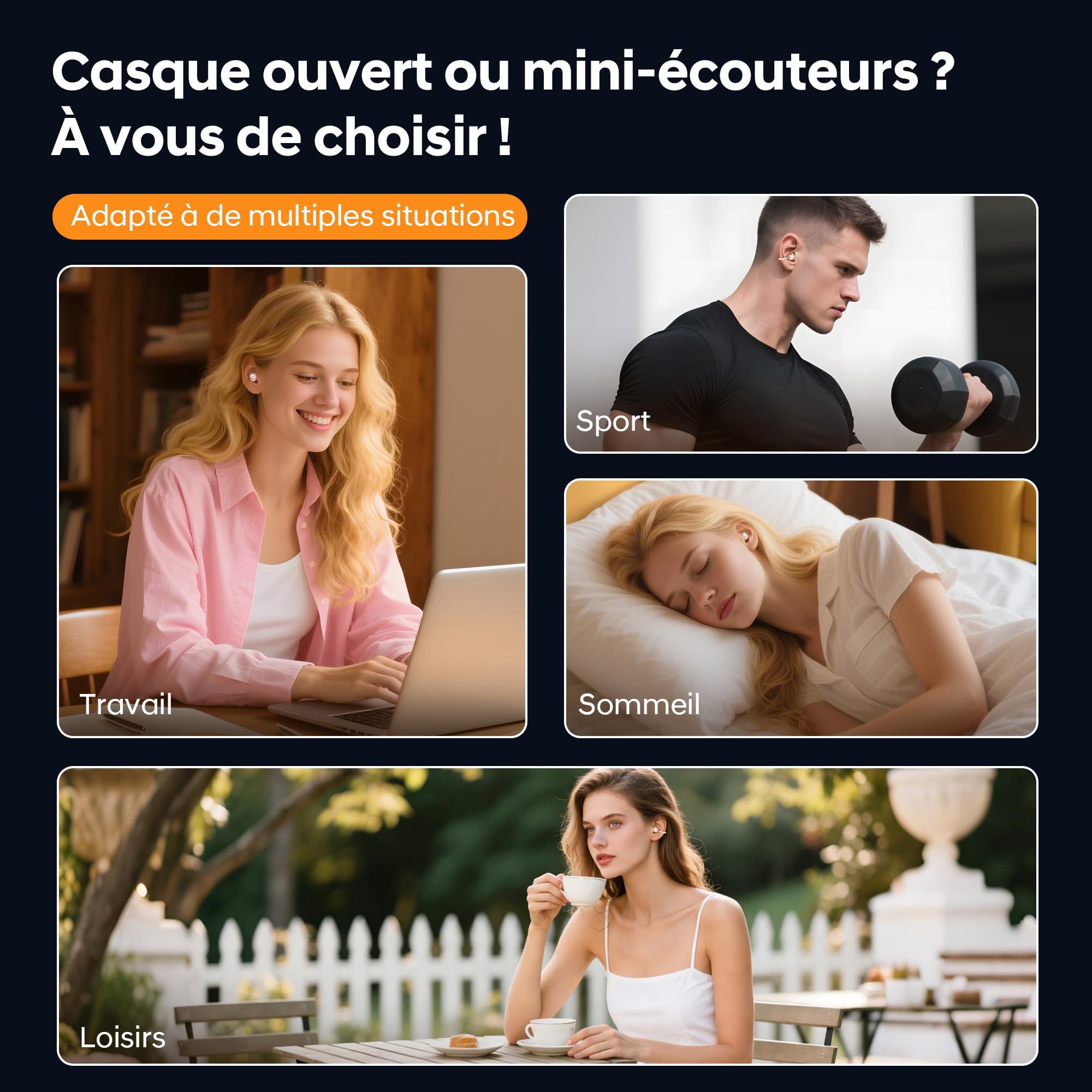 Écouteurs Ouverts et Casque Bluetooth sans Fil avec 36 Heures d'Autonomie, Graves Puissants, Ultra-Compact et IPX5, pour Le Travail, Le Sport et Le Sommeil, Mode d'Utilisation Jour/Nuit(Or Classique)
