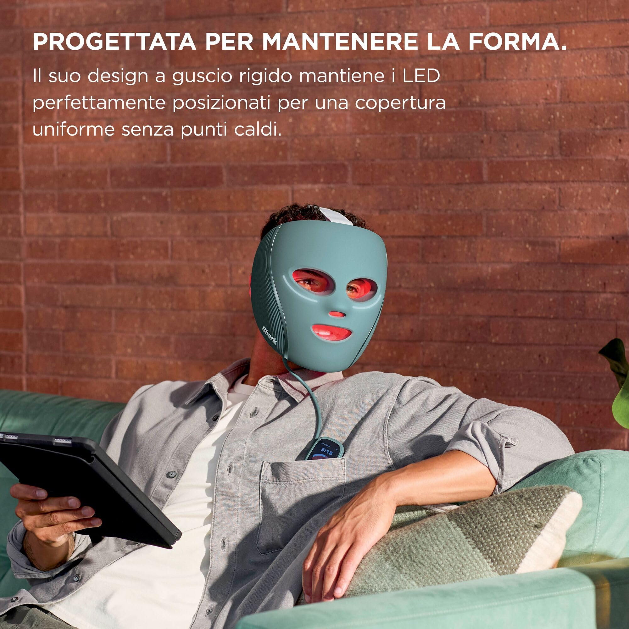 Maschera Shark CryoGlow con raffreddamento del contorno occhi, LED rossi e blu, terapia a luce infrarossa, USB-C, telecomando, custodia, fascette regolabili, Blu ghiaccio FW312EU