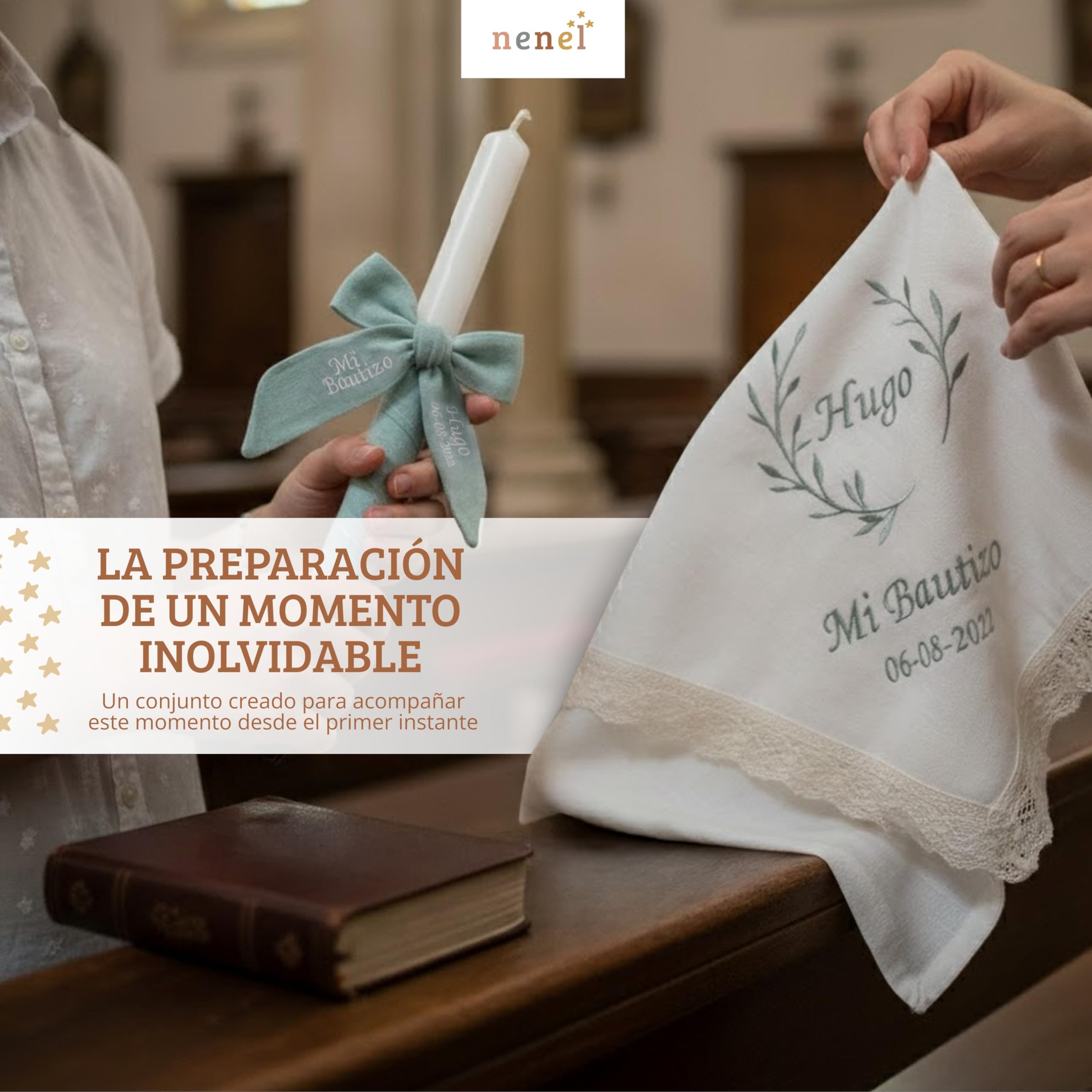 Nenel | Kit de Bautizo Personalizado con Vela y Paño Bordado en Lino Natural – Bambula Verde Menta – Regalo Recuerdo Original Bautismo – Cirio y Toalla Bautismal con Nombre y Fecha
