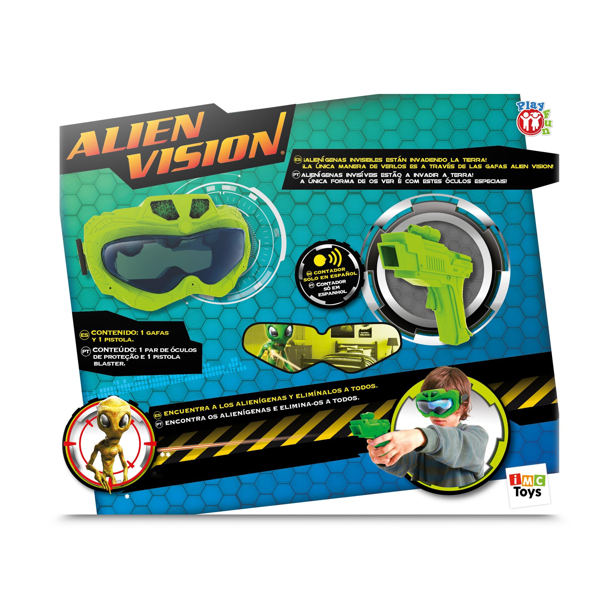 PLAY FUN BY IMC TOYS Alien Vision, Juego Interactivo con Máscara 3D y Pistola Láser, Diviértete Eliminando Aliens y Superando Niveles, Juguete Regalo para Niños y Niñas de+5 Años