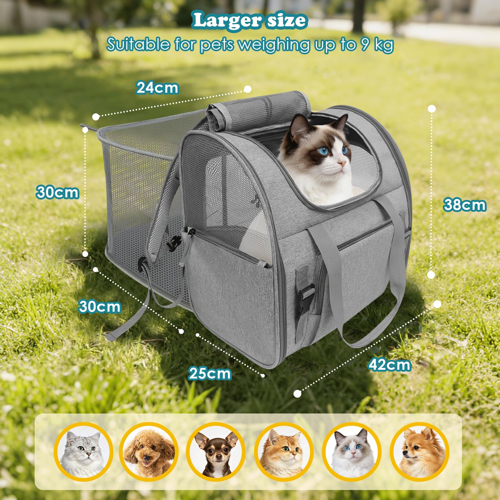 Transportin Gato Expandible, Mochila para Gatos y Perro Transpirable, Grande Mochila Gatos Transporte Plegable para Viajar/Coche/Avión, Bolsa para Mascotas con Arnés Interno 9kg