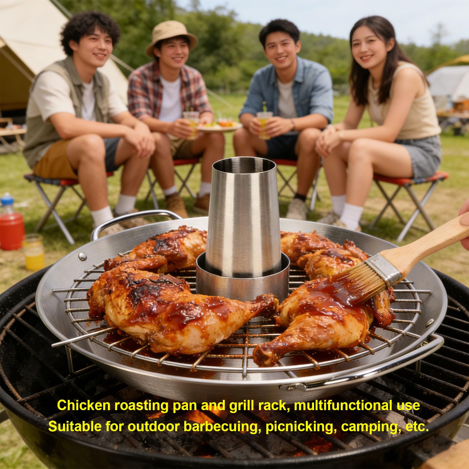 Socobeta Bandeja para Asar Pollo con Lata de Cerveza, Acero Inoxidable Duradero, Soporte Desmontable para Barbacoa Al Aire Libre, 1 Unidad
