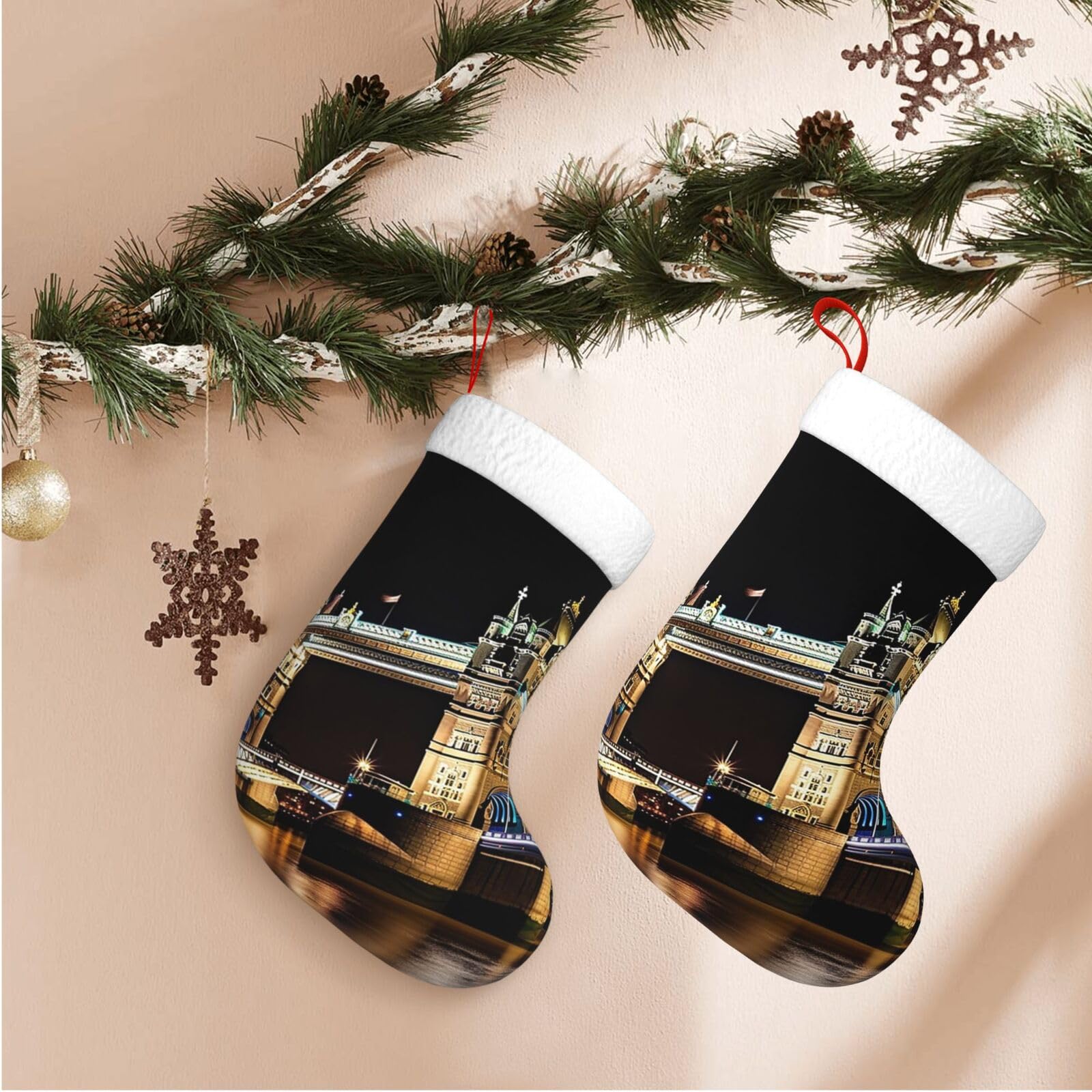 Night London Tower Bridge Christmas Stockings Velvet Xmas Fireplace Hanging Stocking with Plush Cuff Rustic Christmas Santa Stockings for Home Christmas Decorations Party Favor Supplies