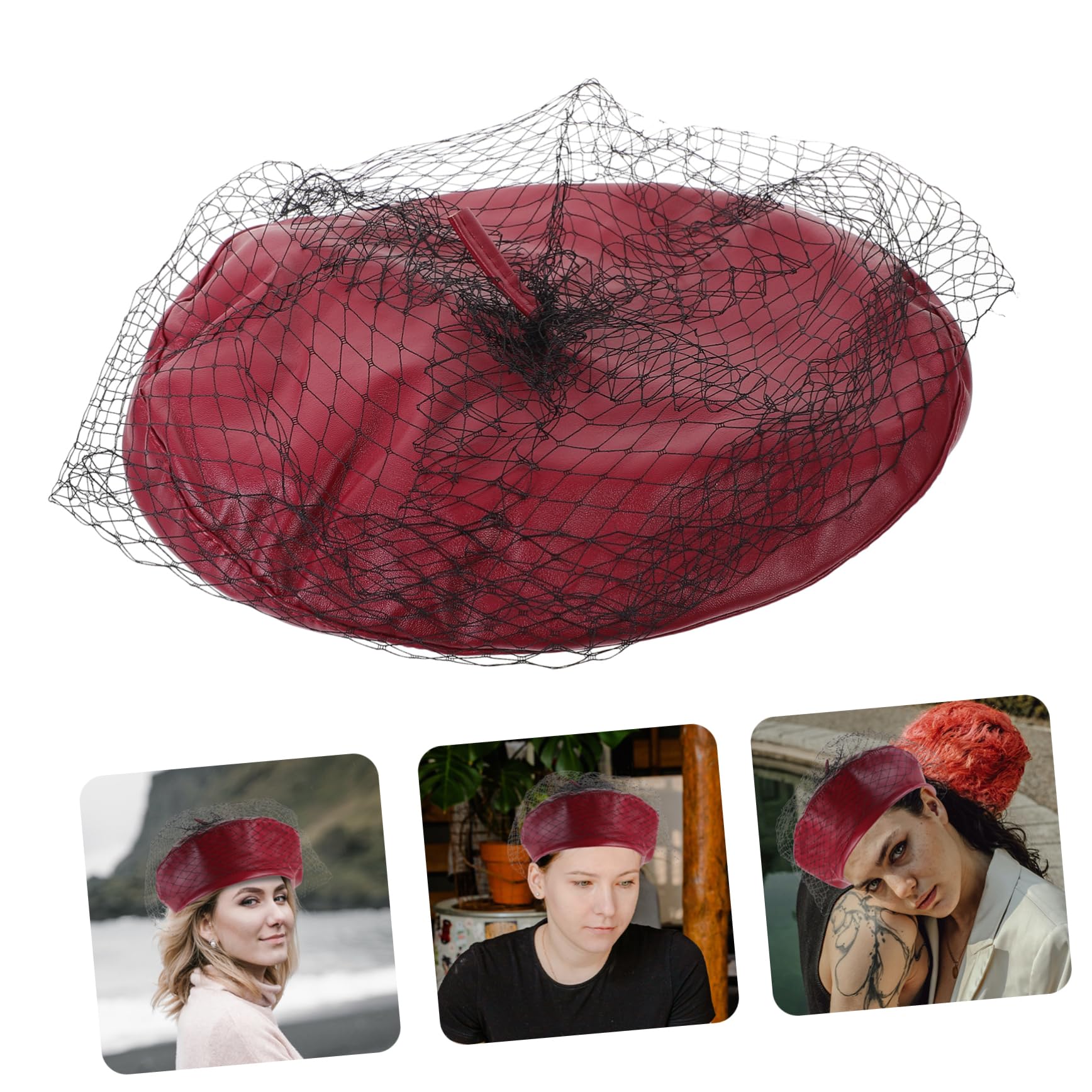 TOVINANNA Unique Women's French Beret Veil Vintage Beret Hat Comfortable Pu Leather for Seasons Red