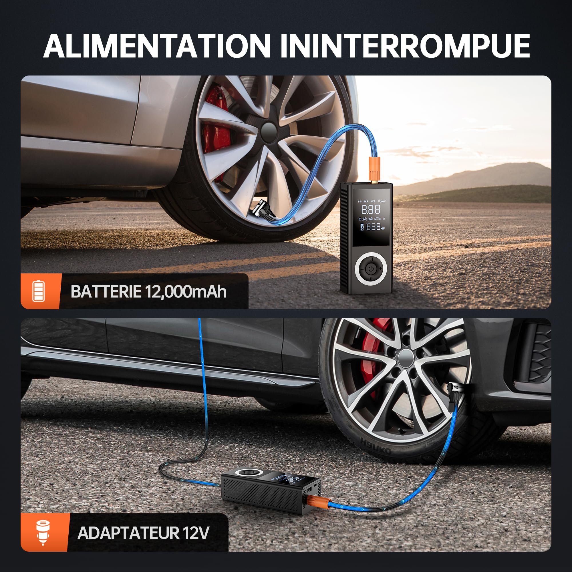 Gonfleur de Pneus Électrique Sans Fil 150 PSI – Mini Compresseur d’Air Portable Rechargeable avec Écran Digital, LED, Arrêt Automatique – pour Voiture, Vélo, Moto, Ballon
