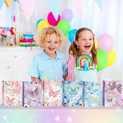 Miniatura 6 de Outus 24 bolsas de regalo para fiesta de mariposas, color rosa, morado, azul, bolsas de regalo con asa para mariposas, fiesta de cumpleaños,