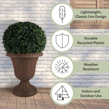 Pure Garden Flower Pots Outdoor Planter, Brown, 16x18-Inch, 2-Pack | Decorative Urn Planters - Plastic Plant Pots for Indoor, Outdoor Deck, Backyard, Patio, or Front Porch Decor