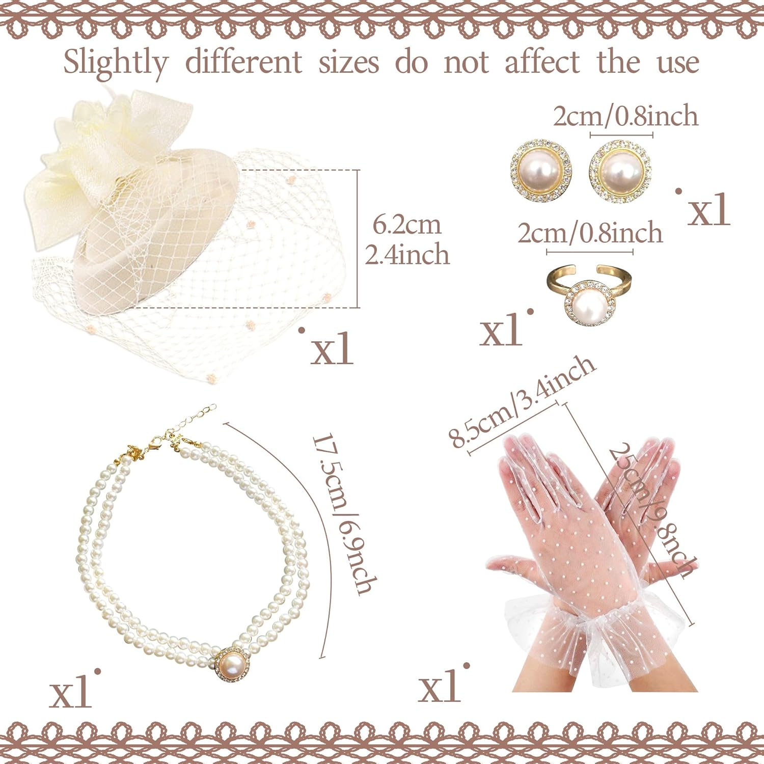 Champagne Tea Party Hats for Women Lace Gloves Fascinators Hats with Veil Feather Tea Party Accessories Necklace Earrings Choker for 20s Wedding Bridal Shower - Image 2