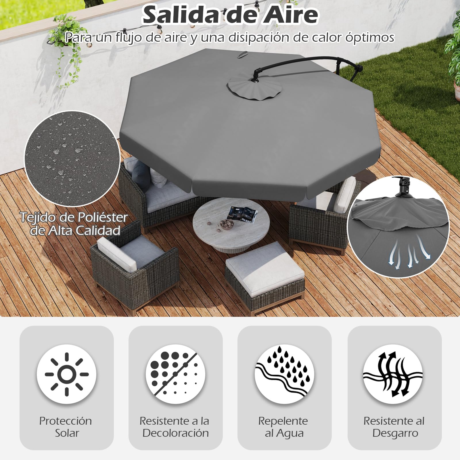 COSTWAY Sombrilla Terraza Exterior Ø290, Parasol para Patio con Funda, Sombrilla Cantilever para Jardin con Ajuste de Inclinación 35°, Manivela, 8 Varillas, Parasol para Jardín Piscina Terraza