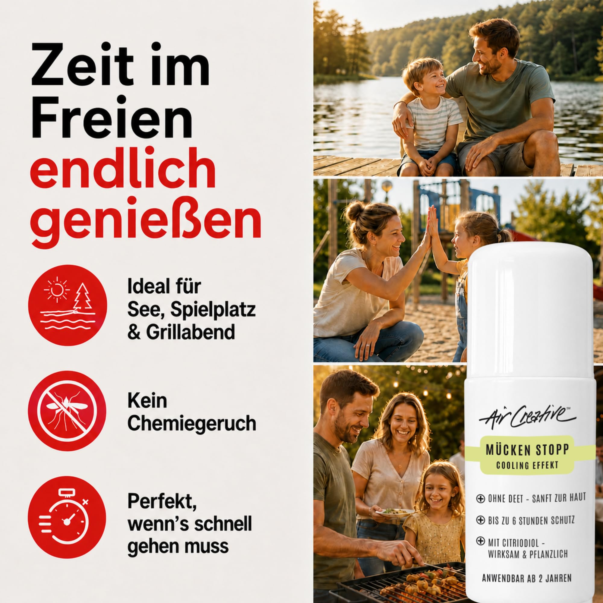Mückenschutz Roll-On für Familie & Kinder ab 2 Jahren – Natürlicher Mückenspray Ersatz mit Citriodiol® & BIO-Ölen – DEET-frei – 6 Stunden Schutz & Cooling-Effekt – 60 ml