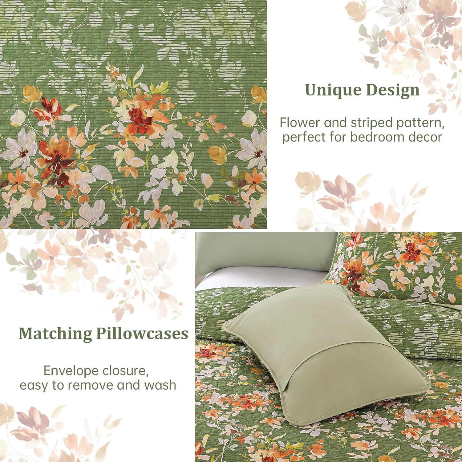 Dobuyly Green Floral Quilt Set King Size, Botanical Flowers Bedspreads Coverlet Set, 3 Pieces Soft Lightweight Microfiber Quilt Bedding Set for All Seasons 110"x90" - Image 8