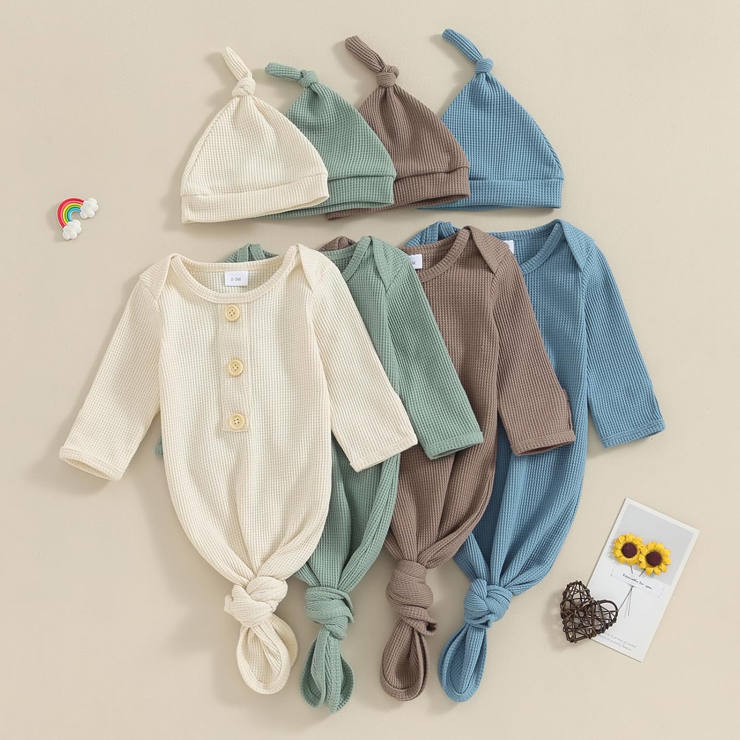 KMBANGI Newborn Baby Boys Girls Knotted Gown Hat Set Long Sleeve Button Infant Sleeper Baby Sleep Gown with Mittens - Image 7