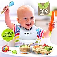 Vista 6 de Nutrichef Juego de 2 cucharas para bebés y niños pequeños, juego de cucharas de madera natural con cabezal de silicona suave y curvado de grado