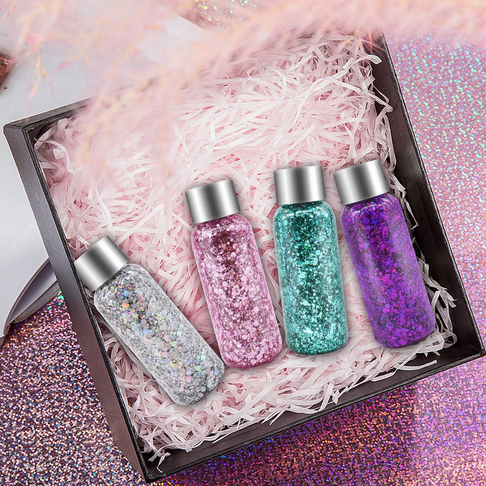 6 Bottiglia Glitter Body Gel,Brillantini Make Up,Gel Glitterato Viso con Lustrini,per Viso,Unghie,Occhi,Labbra,Capelli,Corpo,per Musica,Festival,Feste in Maschera(Bianco/Oro/Argento/Rosa/Verde/Viola)