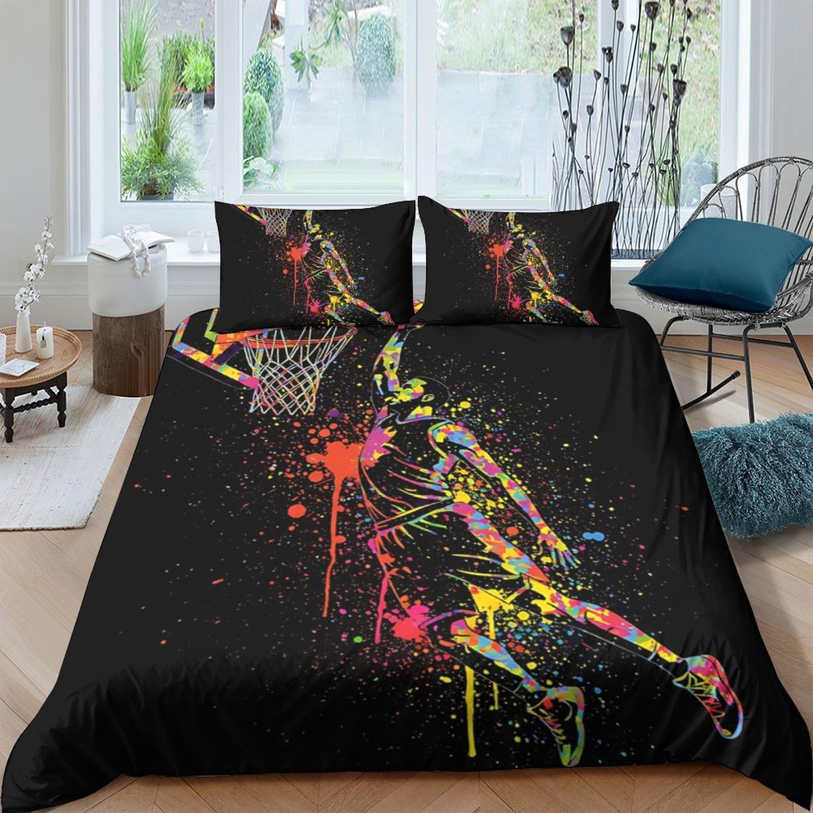 Ctjqhvkz Style-9 3D Printed Graffiti Basketball Fitted Sheet Microfiber Soft Colourful Splash Mattress Cover For Bedroom Dorm Decor Single（135X200cm）