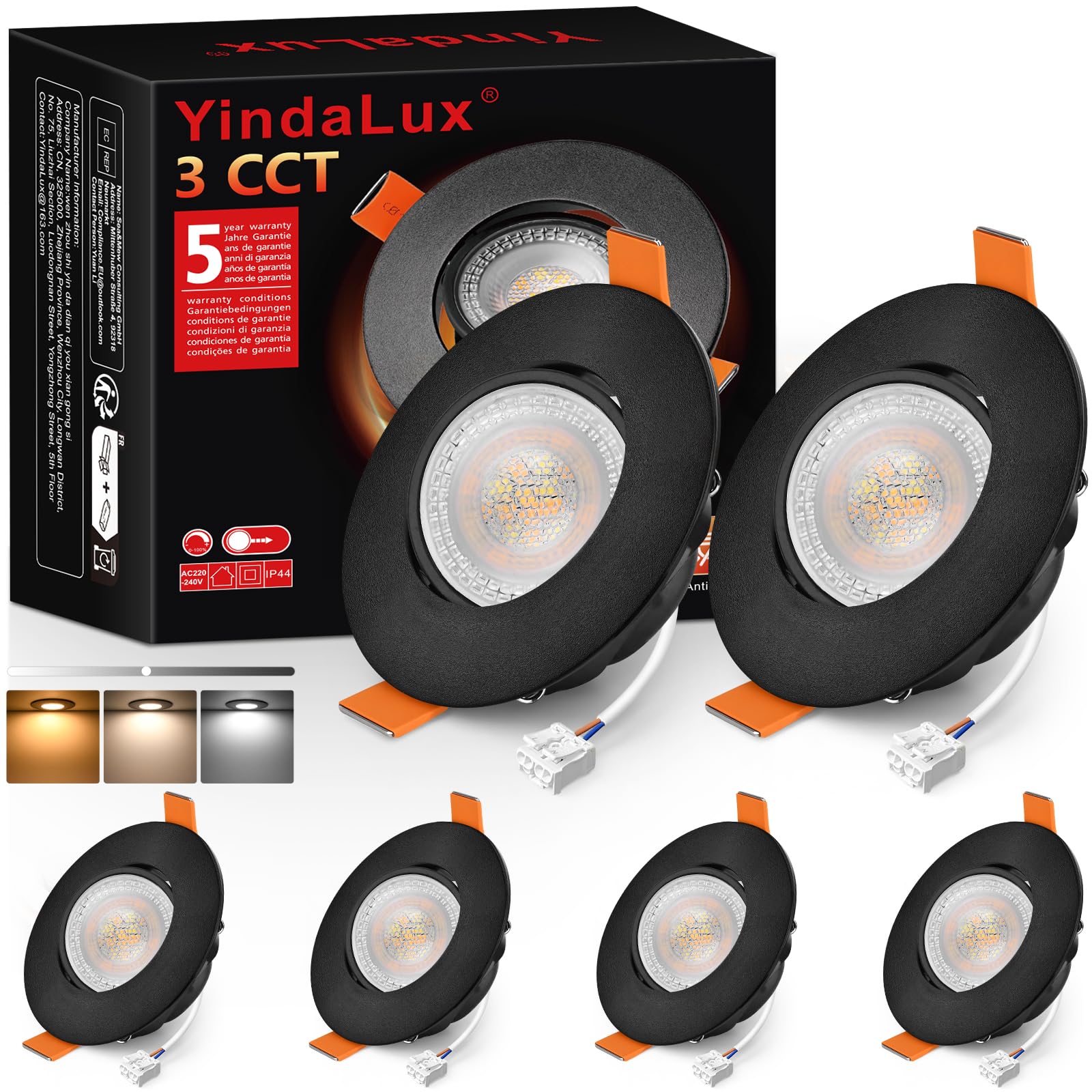 YindaLux Foco LED empotrable 230V Regulable 5W IP44 Ultrafino, Corte 68-80 mm, 3000K/4000K/6000K, Orientable 45°, Focos de techo para Baño Cocina Negro, Pack de 6