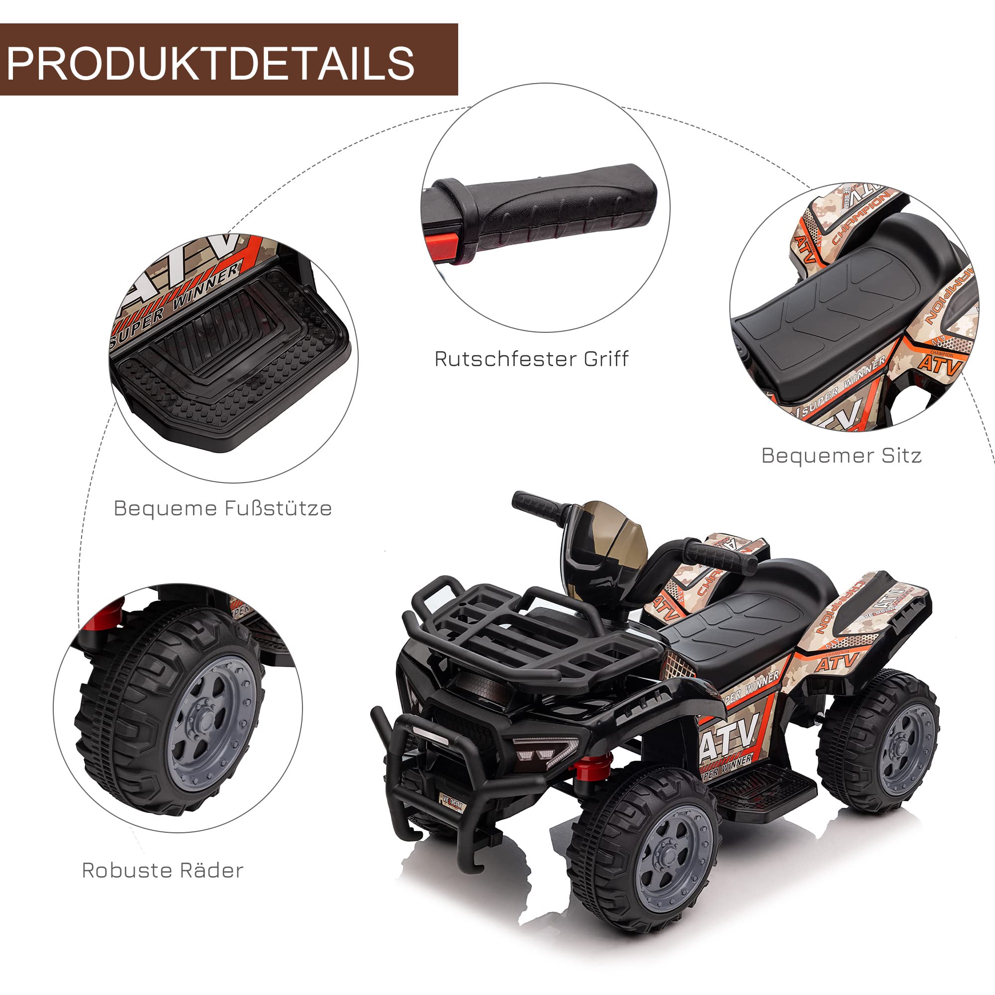 HOMCOM ATV samochód dziecięcy akumulator 6V samochód elektryczny LED przednie światło pojazd dla dzieci motocykl dziecięcy elektryczny quad dla dzieci 18-36 miesięcy dzieci metal tworzywo sztuczne PP