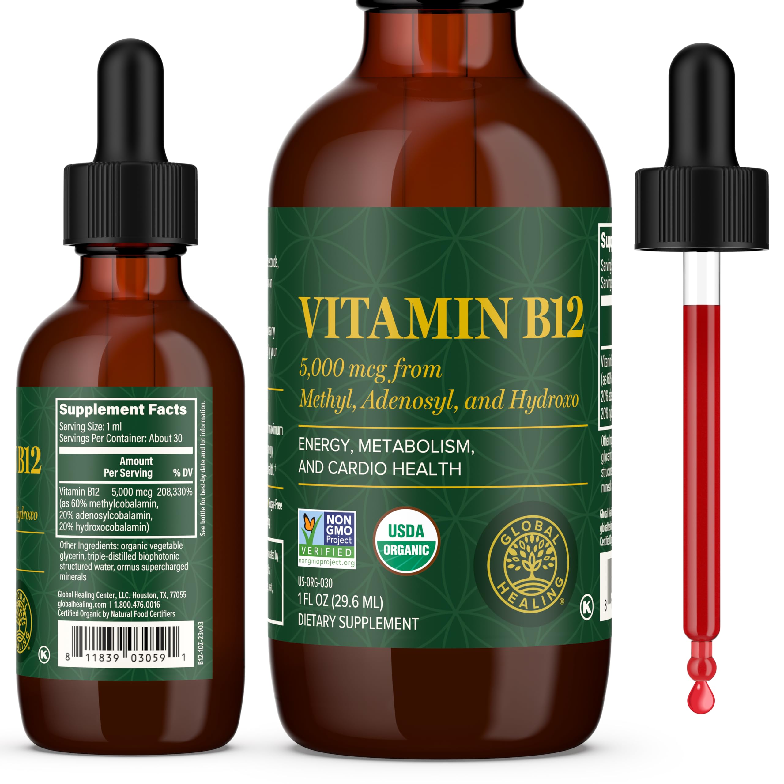 Global Healing Center - Vitamin B12 Sublingual 5000 MCG Organic Liquid Supplement, Methylcobalamin, Adenosylcobalamin, Hydroxo Long-Lasting Energy and Healthy Metabolism - Vegan B12 Vitamins (1 Oz)USDA Organic