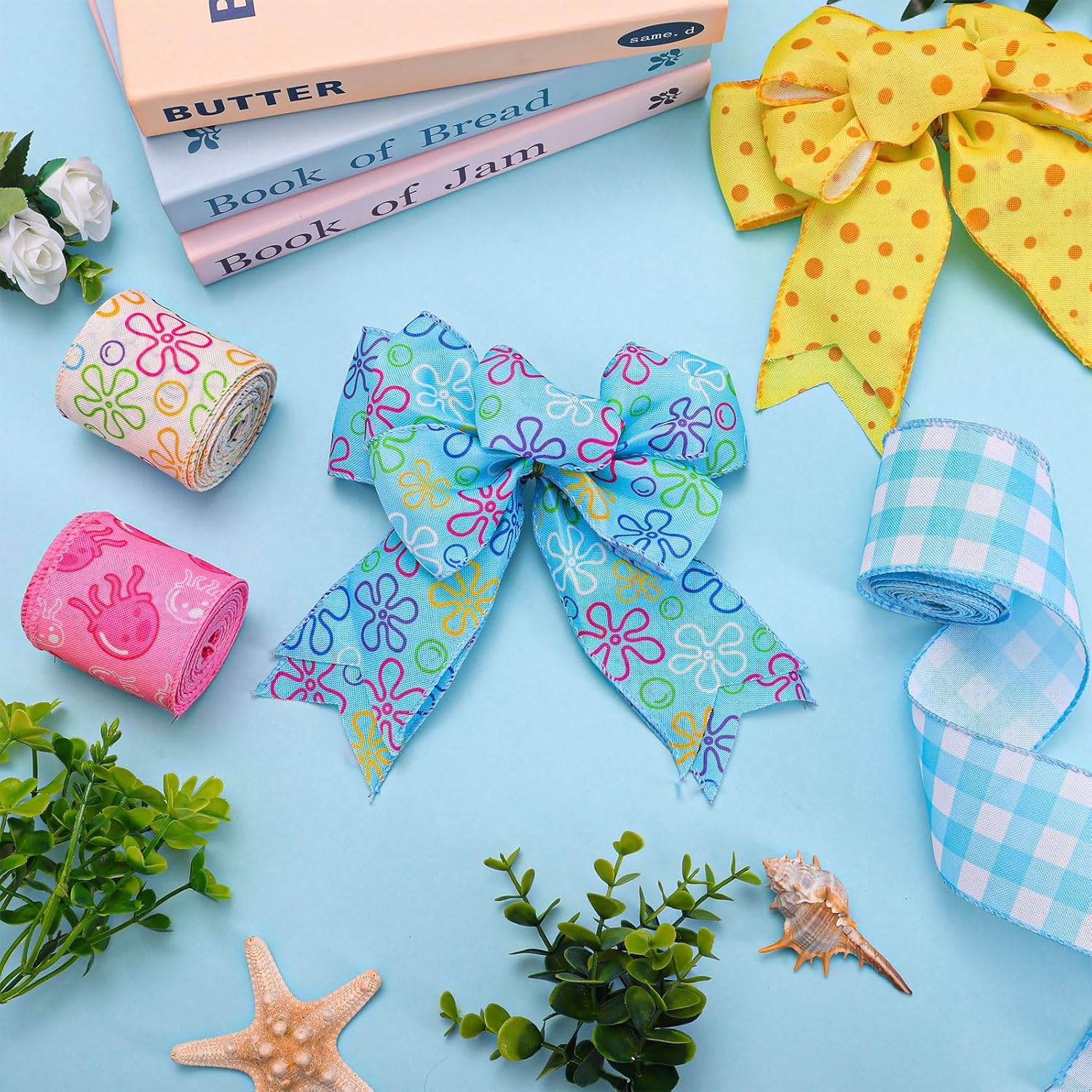 Whaline 5 Rolls Summer Sponge Bubble Wired Edge Ribbon 2.5 Inch 30 Yards Funny Cartoon Party Ribbon for Bow Making Wreath Craft Birthday Baby Shower Bachelorette Party Home Decor