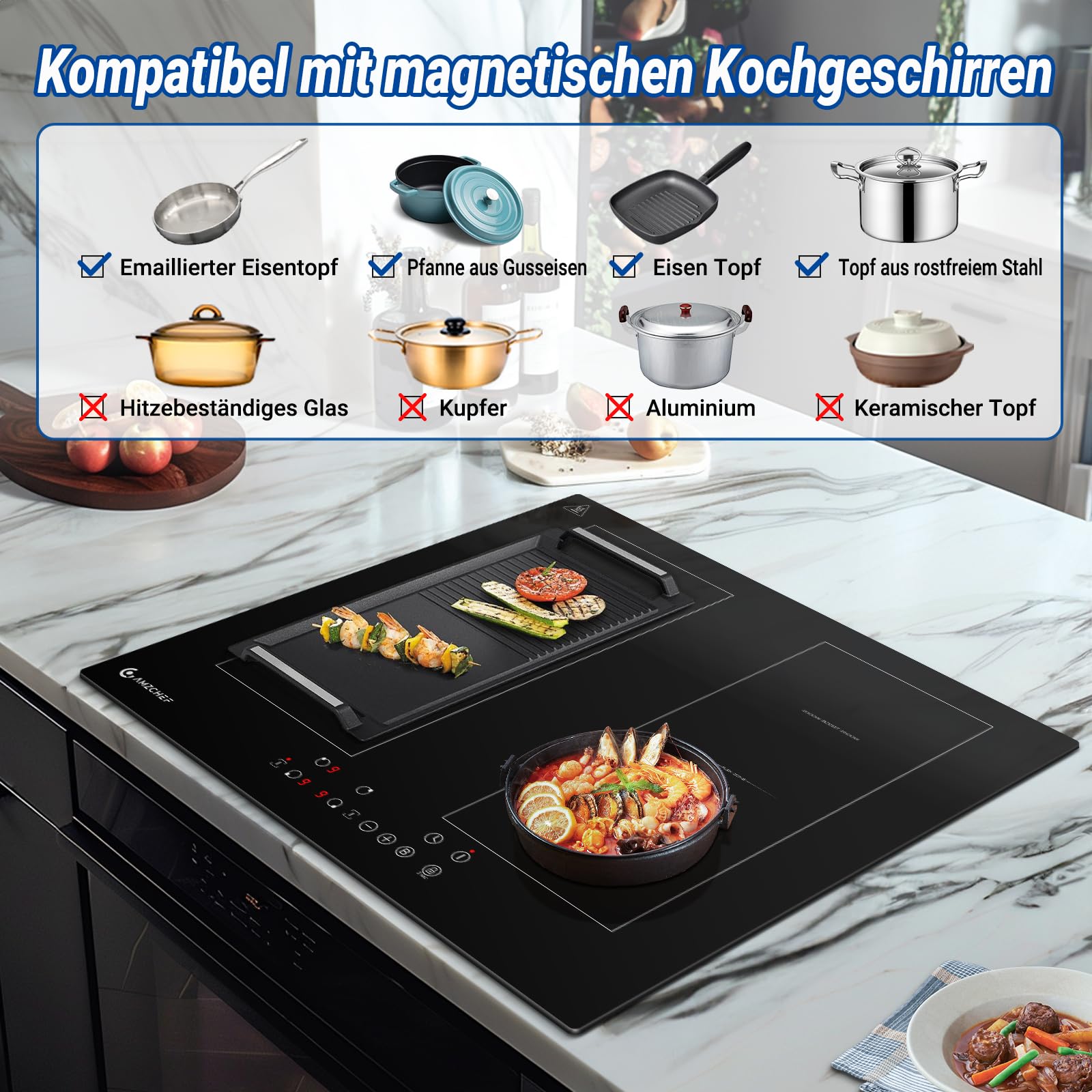 AMZCHEF Induktionskochfeld 60cm mit Zwei Flexzonen, 4 Zonen Induktionskochplatte mit Boost-Funktion und 9 Leistungsstufen, Touch-Bedienung, Timer, Sicherheitsschloss, Überhitzungsschutz, BBQ, 7200W | Sicherheitsverriegelung, automatische Abschaltung, Prot